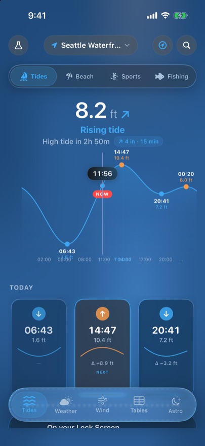 Tides Pro: Tides. The tide right now, today's curve and the four tides.