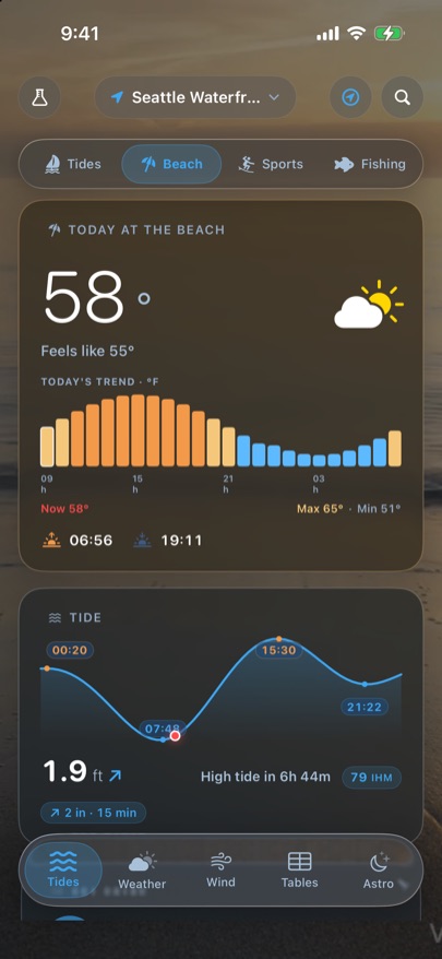 Tides Pro: Beach. Temperature, UV index and the tide at the beach.