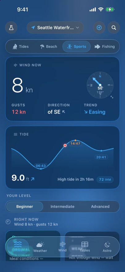 Tides Pro: Sports. Wind hour by hour and the best hours for your sport.