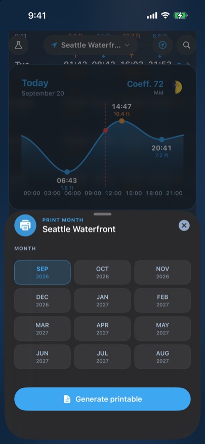 Tides Pro: Print. The month as a printable table.