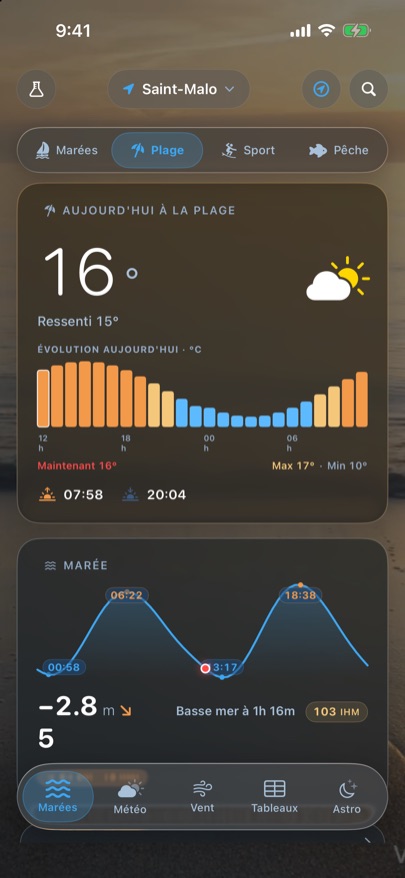 Tides Pro: Plage. Température, indice UV et la marée à la plage.