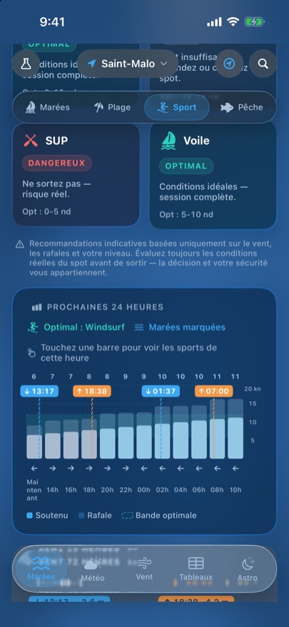 Tides Pro: Sports. Le vent heure par heure et les meilleures heures pour votre sport.
