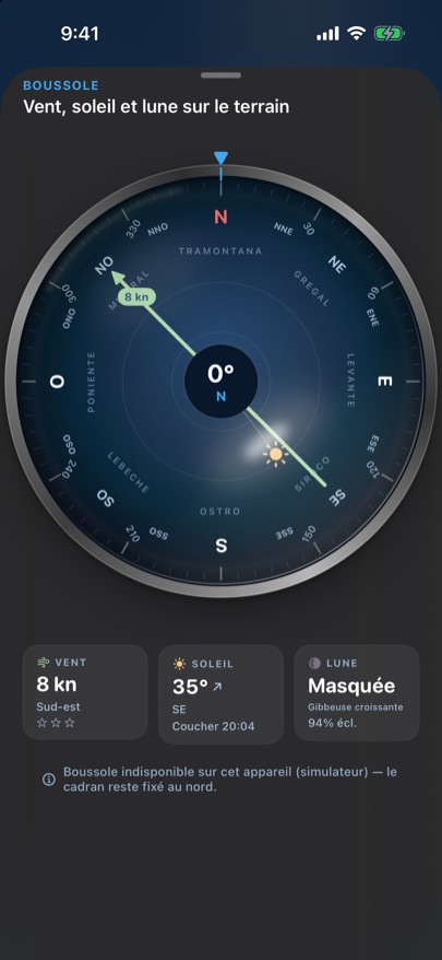 Tides Pro: Boussole. Vent, soleil et lune sur le terrain.